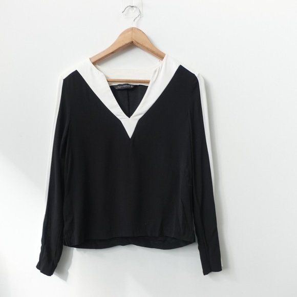 Zara Top Women Size XS V Neck Blouse Colorblock Contrast Grunge Black White Y2K - Picture 1 of 9